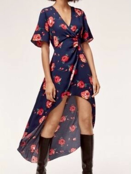 Babaton| Aritzia| Navy & Red Floral High-Low Wrap Dress W/Flutter Sleeves Sz 4